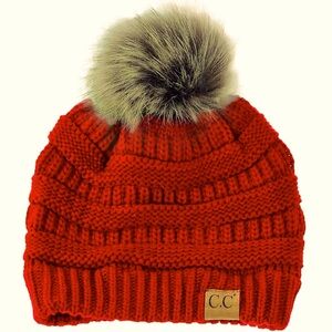 CC POM POM STYLE BEANIE red fleece lined